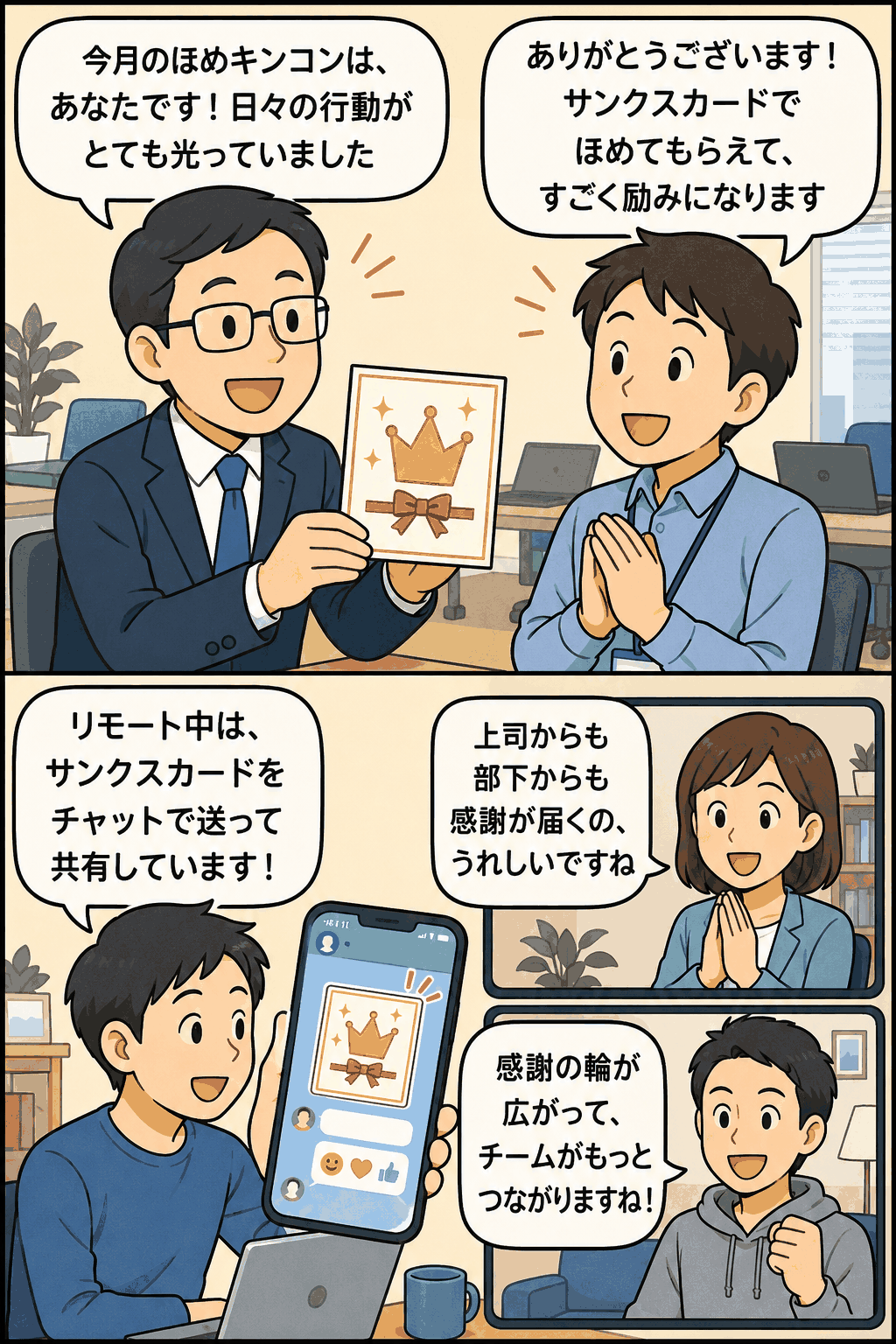 ほめキンコン制度で上司が部下を表彰し、サンクスカードやチャットで感謝を共有するIT企業の社内コミュニケーション