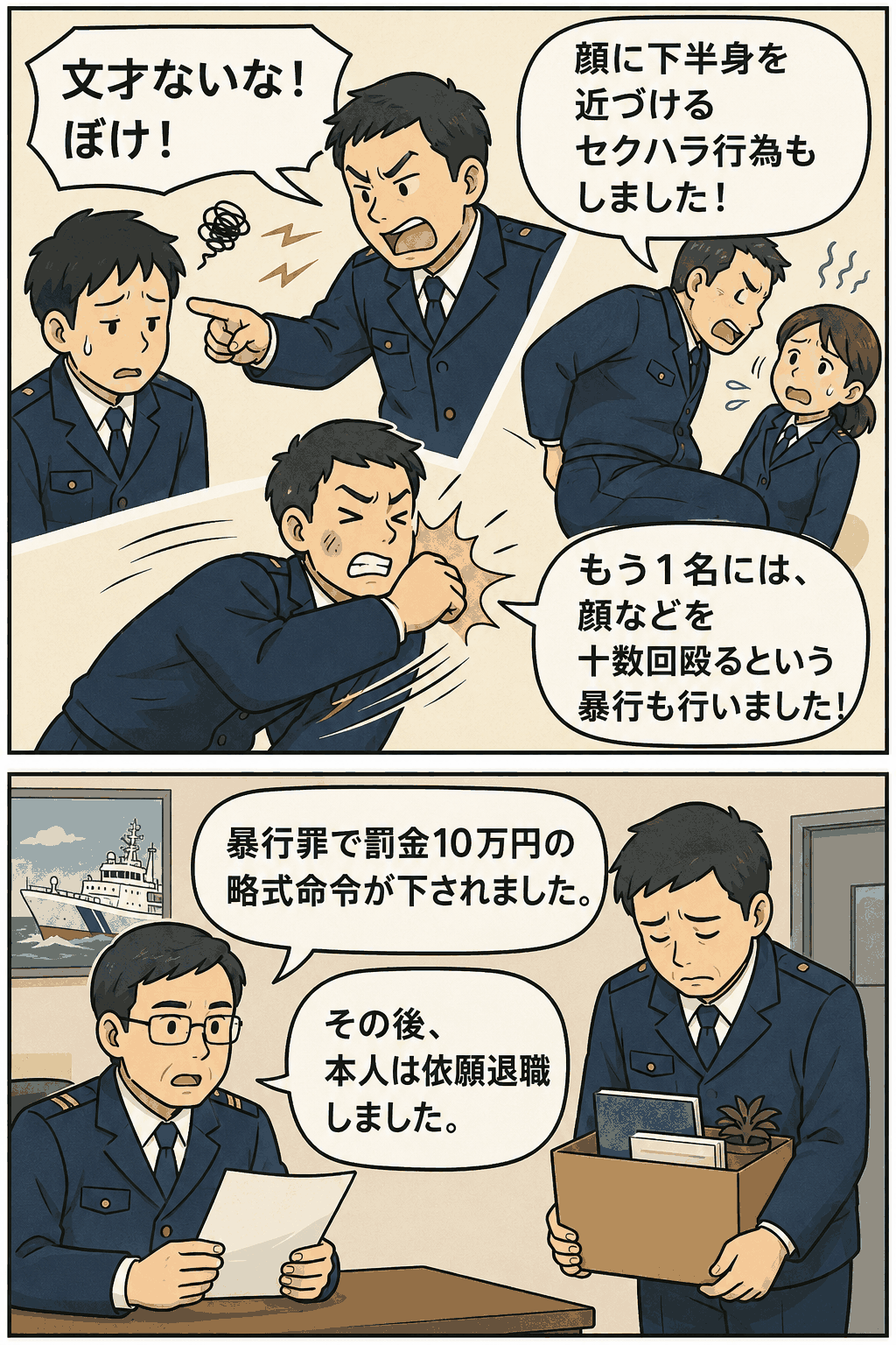 海上保安庁の男性職員が部下2名へのパワハラ・セクハラ・暴行で停職9カ月の懲戒処分を受け、罰金10万円の略式命令後に依願退職した事案を説明する漫画