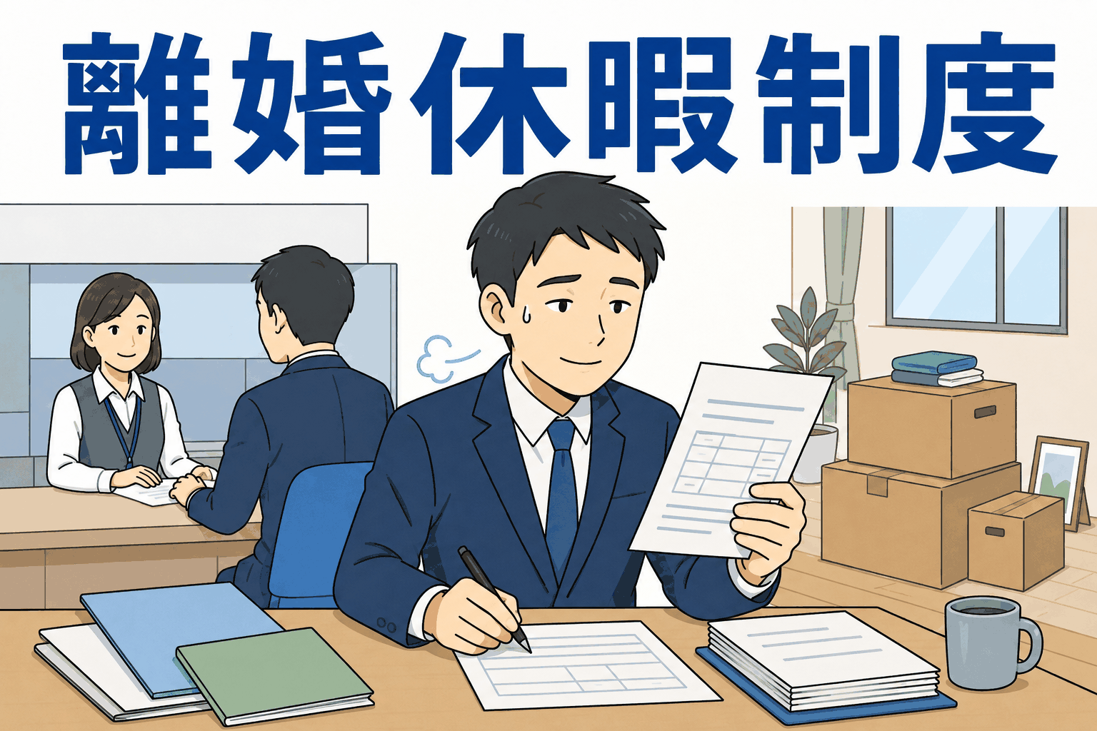 離婚休暇制度の説明イラスト。離婚後の手続き書類を確認する会社員と、役所や住居変更を想起させる場面
