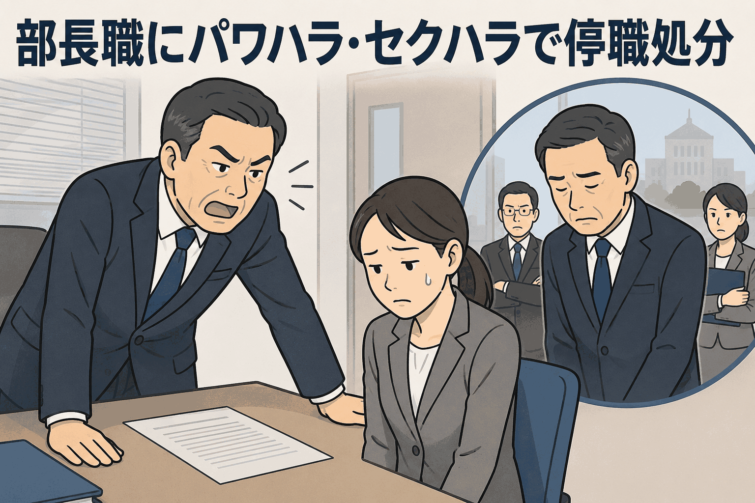 部長職の男性が女性職員にセクハラ・パワハラを行い、停職処分となった事例を表すイラスト
