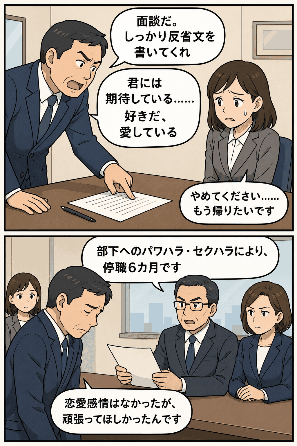 女性職員への長時間面談や不適切発言によるパワハラ・セクハラで、男性部長が停職6カ月の懲戒処分を受ける漫画イラスト
