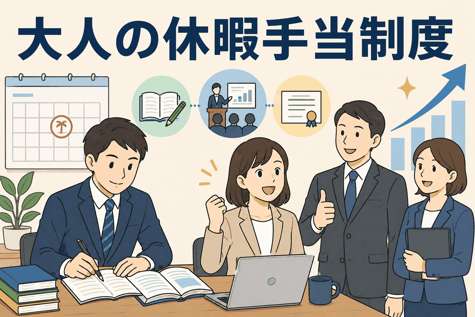 大人の休暇手当制度を活用し、研修や自己研鑽、資格試験に取り組む不動産会社の社員たち