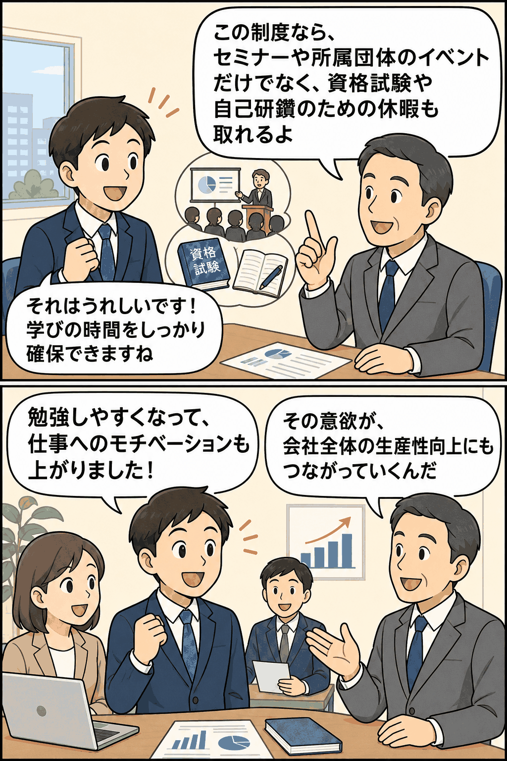 大人の休暇手当制度により、セミナー参加や資格試験、自己研鑽のための休暇を取得でき、社員のモチベーションと生産性向上につながることを説明する不動産会社の社内風景