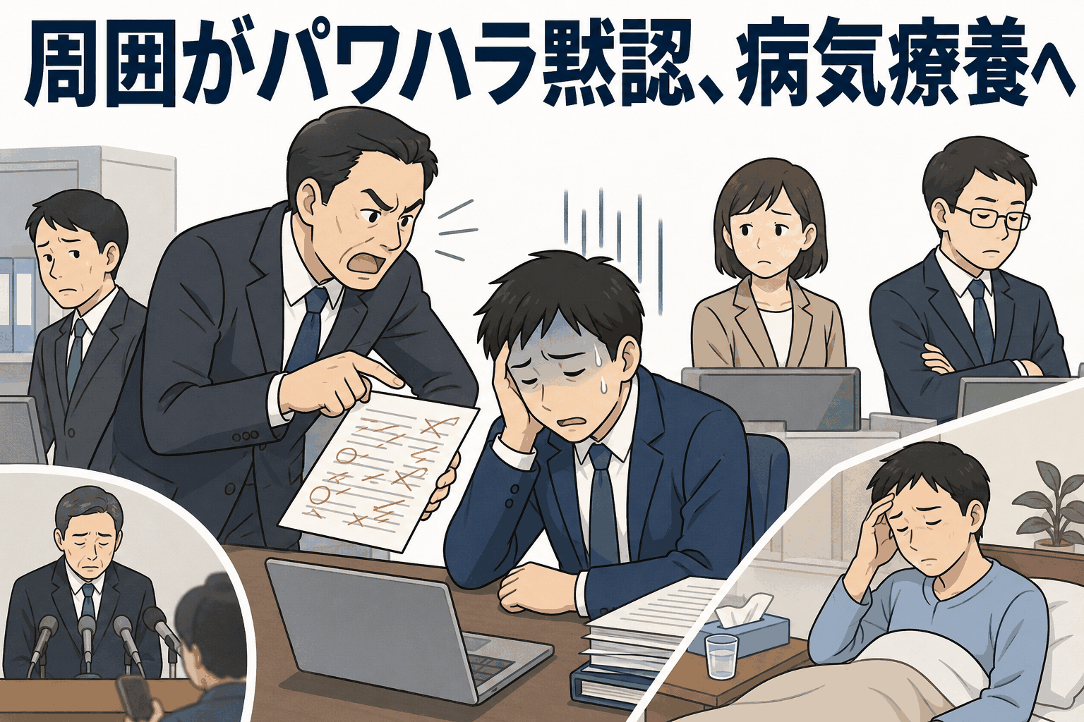 市職員によるパワハラで部下が病気療養となり、市長が謝罪し加害職員に減給処分が下された事案を表すイラスト