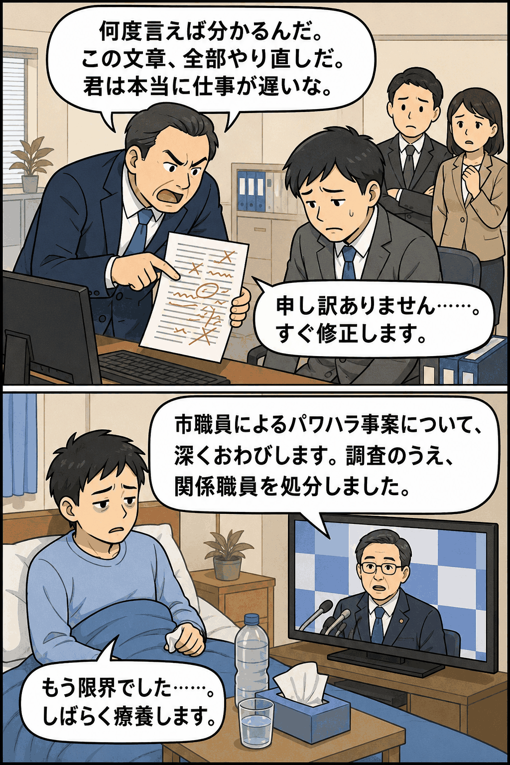 市職員が上司から威圧的な叱責や人格否定を受けて休職し、市長がパワハラ事案について謝罪と処分を発表する漫画