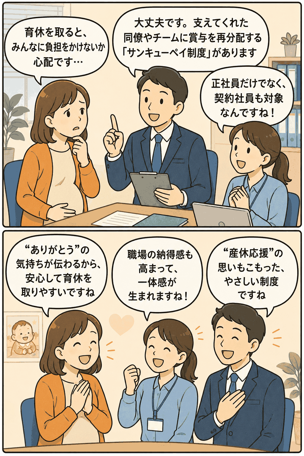 育休取得への不安を抱える従業員に、サンキューペイ制度による賞与再分配や契約社員も対象となる支援内容を説明する漫画イラスト