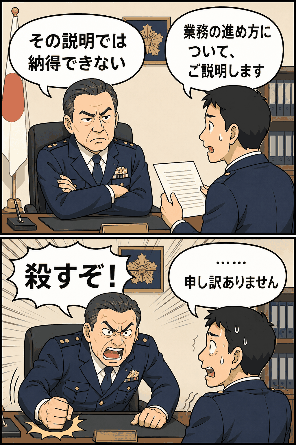 府警本部長が部下の業務説明に納得できず「殺すぞ」と暴言を吐く場面を描いたパワハラ疑惑の漫画風イラスト