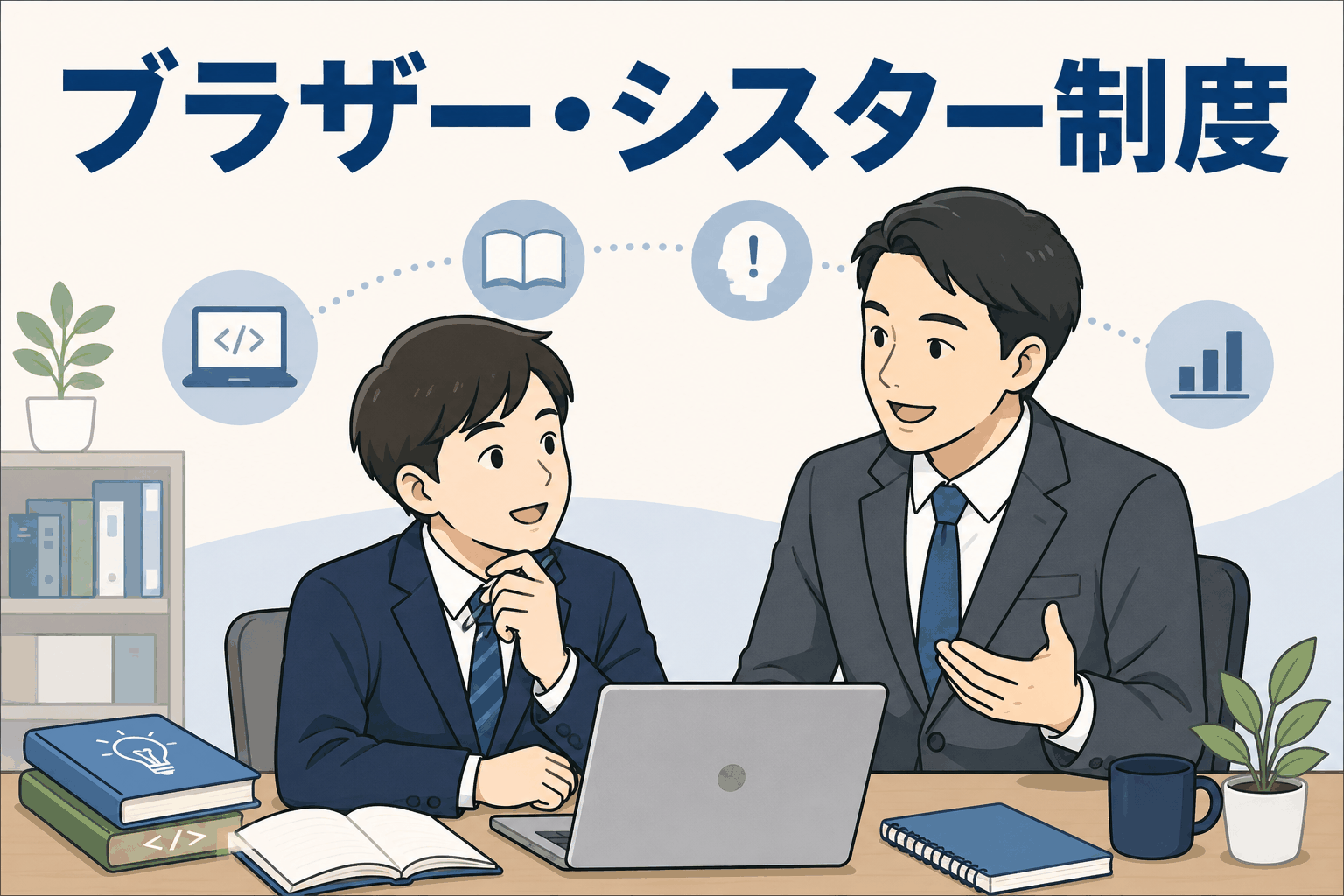システム開発会社のブラザー・シスター制度で、先輩社員が新卒社員に業務知識や技術、社会人としての考え方を指導しているイラスト