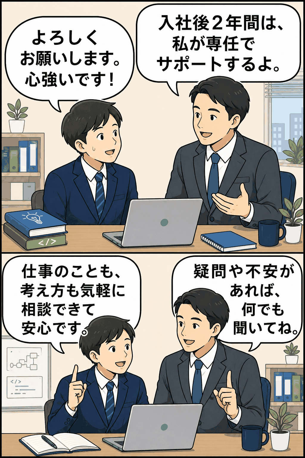 システム開発会社のブラザー・シスター制度で、入社後2年間、専任の先輩社員が新卒社員をサポートし、仕事や考え方を相談できる様子を描いた漫画