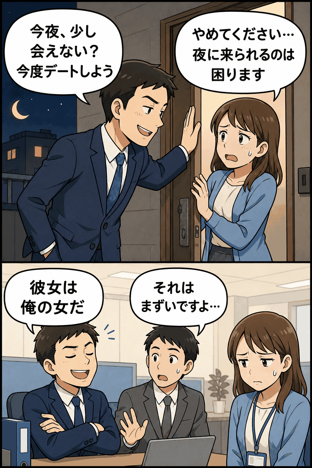宇都宮市の男性職員が夜間に女性部下の自宅を訪問し、デートに誘うなどのセクハラ行為で停職4カ月の懲戒処分を受けた問題を描いた漫画画像