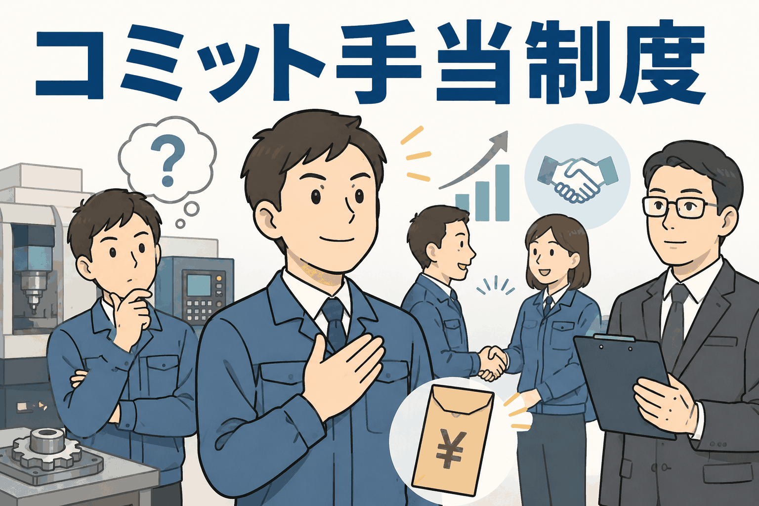精密加工装置の製造販売会社で導入されたコミット手当制度を表すイラスト。社員が自己評価に基づき申請し、価値創出や信頼関係を条件に手当を受ける仕組みを示している。