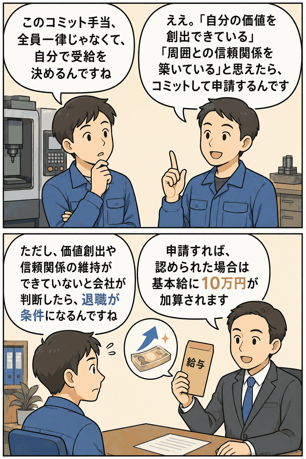 精密加工装置の製造販売会社におけるコミット手当制度を説明する漫画。社員が自己評価に基づいて申請し、認められると基本給に10万円が加算される一方、価値創出や信頼関係の維持が条件となる仕組みを解説している。
