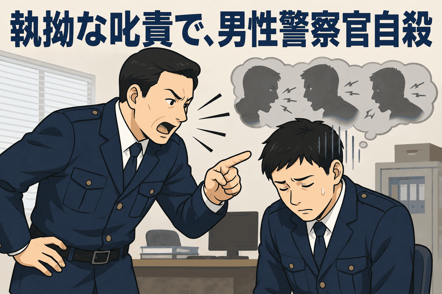 警視庁の男性警察官が上司から厳しい叱責を受け、職場の悩みに苦しむ様子を描いたイラスト