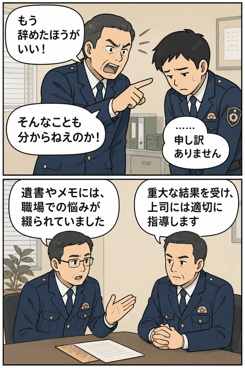 上司から「もう辞めたほうがいい」などと叱責される警視庁の男性署員と、職場の悩みや死亡後の対応を描いた漫画