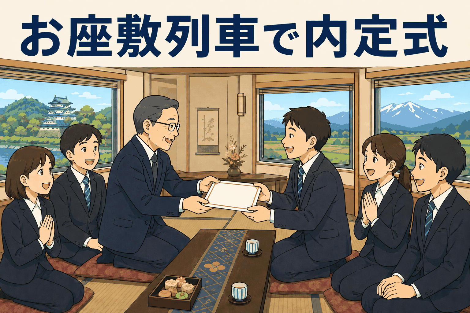 旅行会社の内定式で、内定者がお座敷列車の車内で社長から内定通知書を受け取る様子