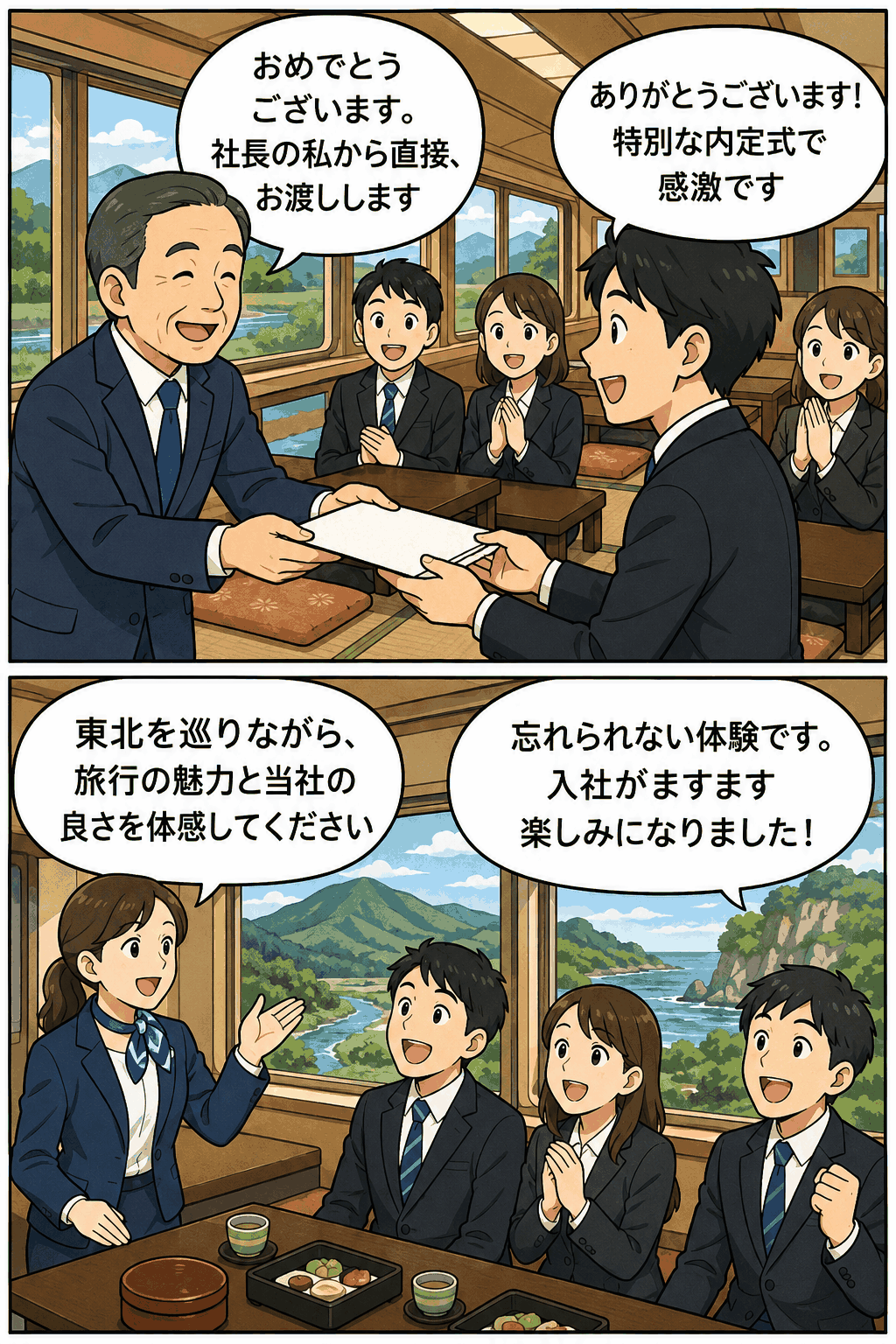 お座敷列車で行う旅行会社の内定式で、社長が内定者に内定通知書を手渡し、東北観光の魅力を伝える漫画風イラスト