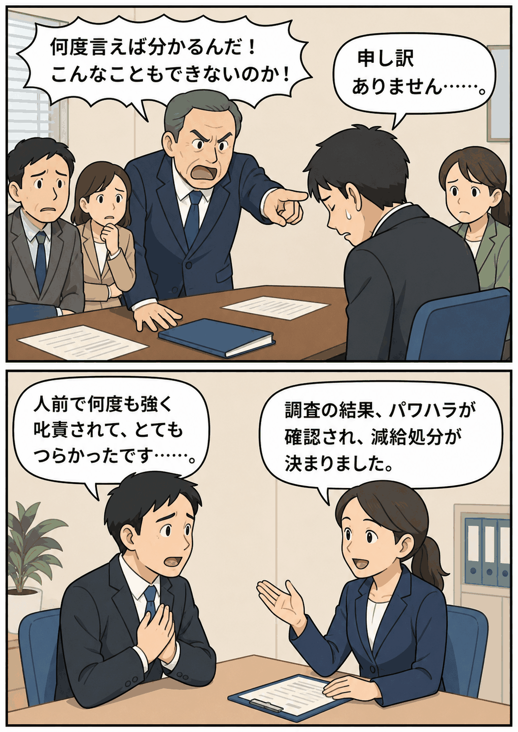 佐渡市教育委員会の60代課長級職員が部下を人前で叱責し、パワハラが確認され減給処分となった事案を説明する漫画画像