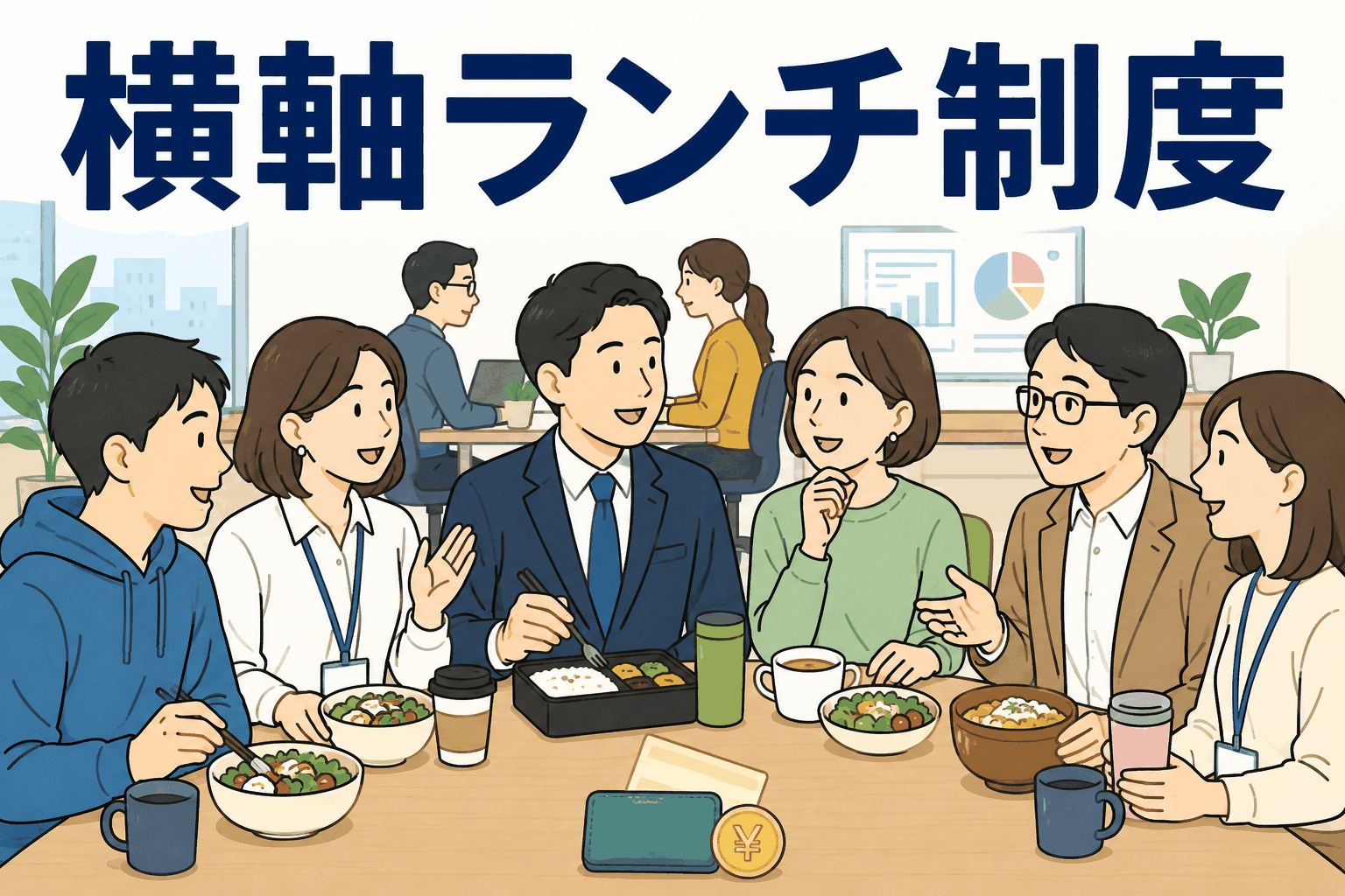 デジタルマーケティング会社の社員が部署や役職を超えて交流する横軸ランチ制度のイメージ