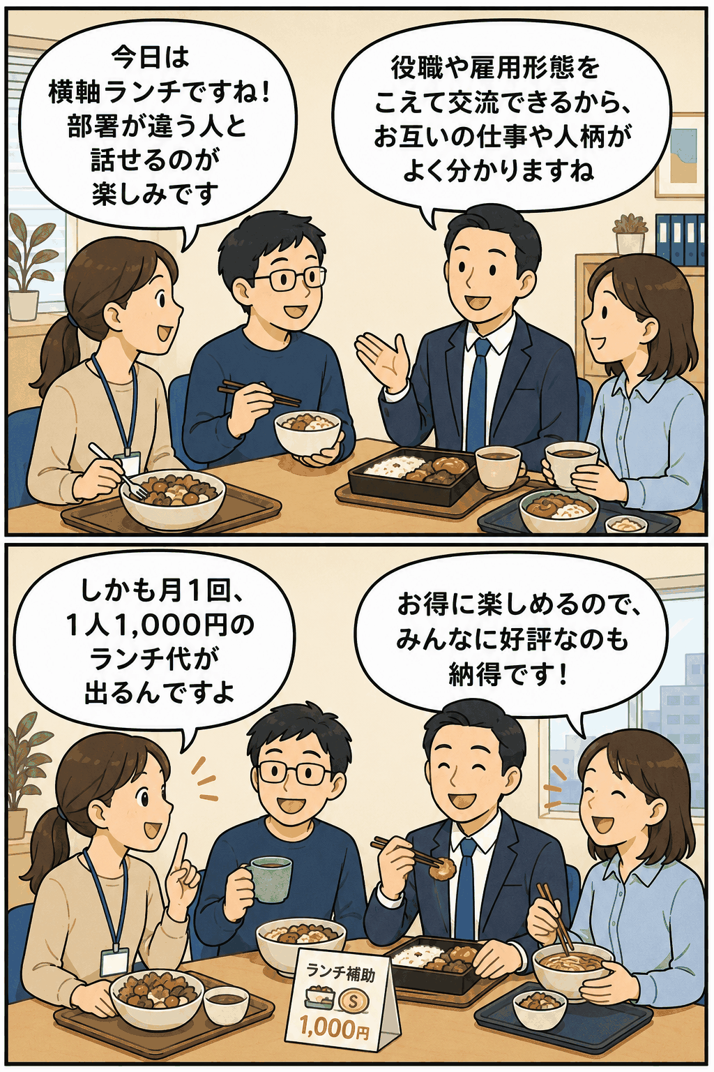 デジタルマーケティング会社の横軸ランチ制度を漫画で紹介し、部署や役職を超えた交流と月1,000円のランチ補助を伝える画像