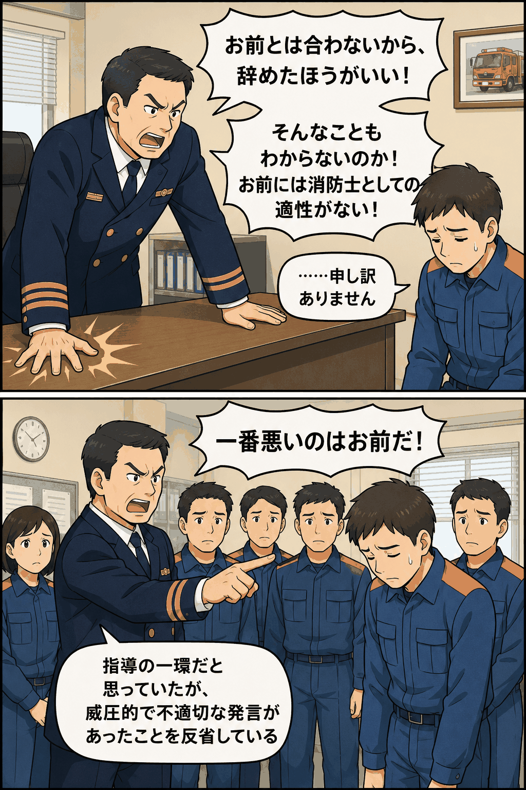 大阪の消防本部で副署長が部下に不適切発言を繰り返し、威圧的な指導により戒告処分を受けた問題を描いた漫画