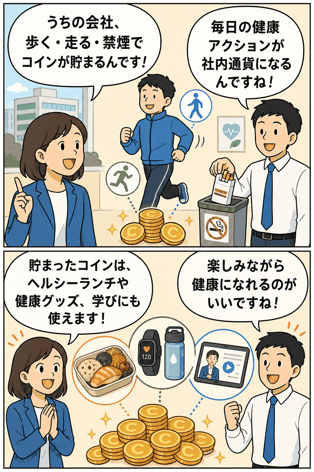 製薬会社の社員が歩く・走る・禁煙などの健康アクションで社内通貨コインを貯め、ヘルシーランチや健康グッズ、学習コンテンツに交換できる健康経営の仕組みを説明する漫画
