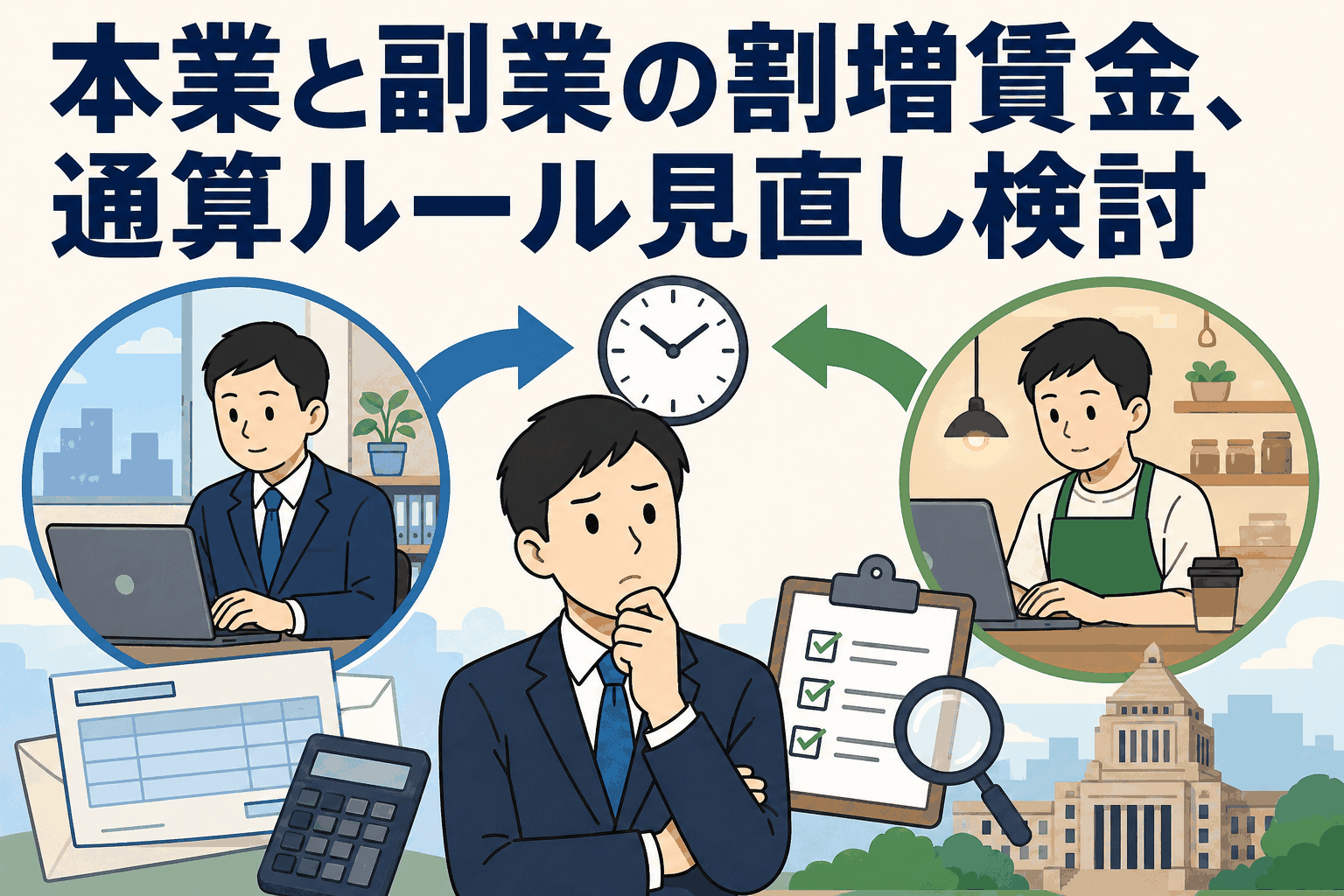 本業と副業の労働時間通算ルール見直しにより割増賃金の計算方法を検討する会社員と副業者のイラスト