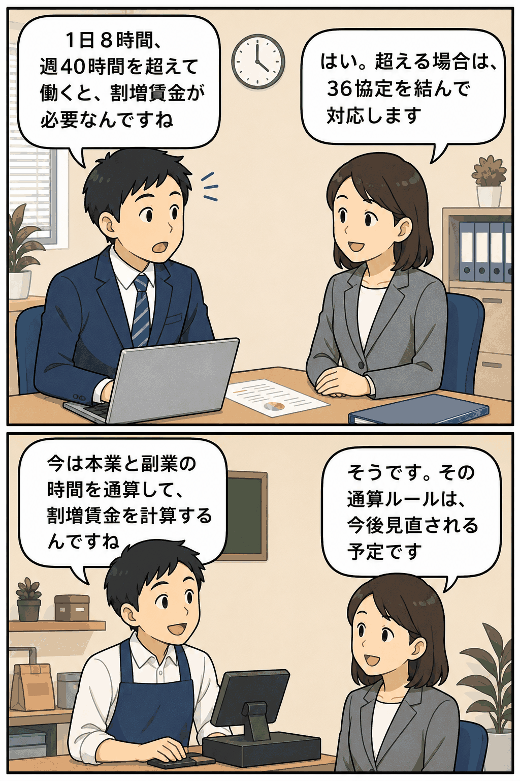 1日8時間・週40時間を超える労働と36協定、本業と副業の労働時間通算ルール見直しを説明する漫画イラスト