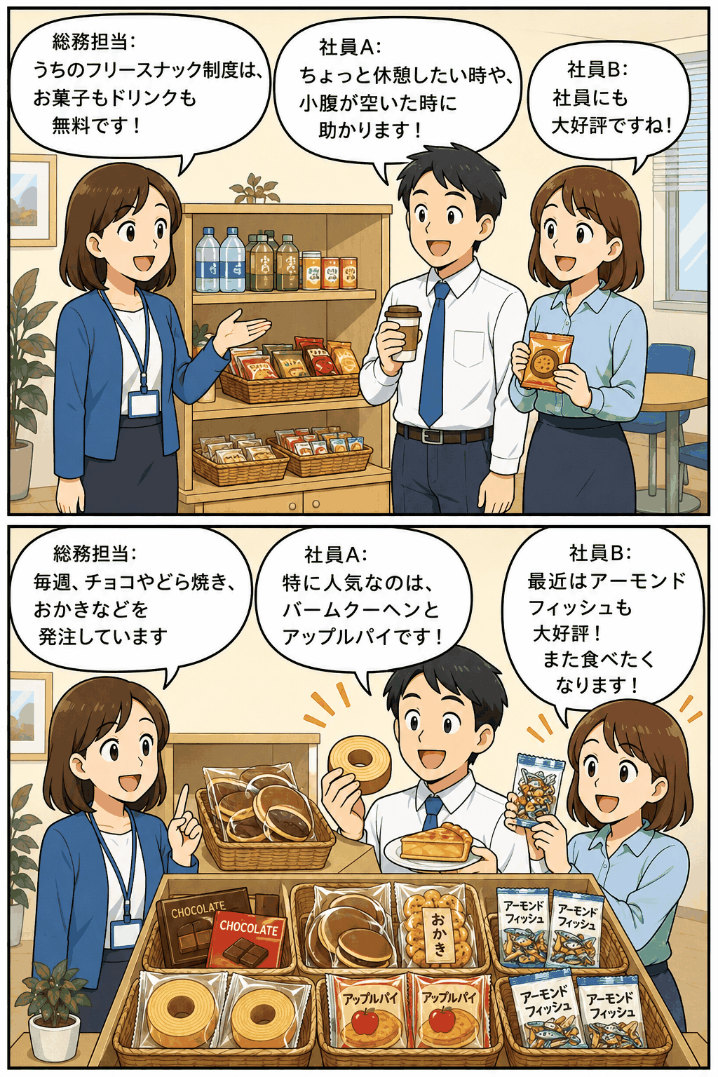 フリースナック制度で無料のお菓子やドリンクを楽しむ社員と、チョコレート・どら焼き・おかき・バームクーヘン・アップルパイ・アーモンドフィッシュが並ぶオフィス風景