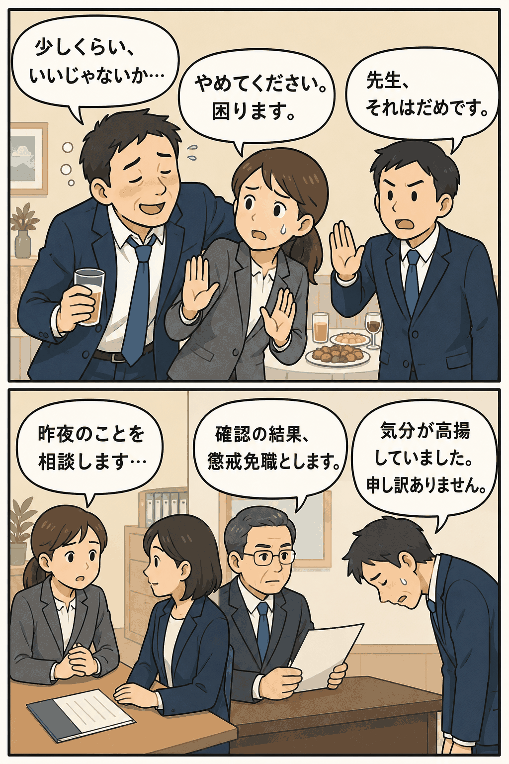 佐賀県内の公立中学校の男性教諭が懇親会で女性教職員に同意なく複数回キスをし、セクハラ相談を経て懲戒免職となった経緯を描いた漫画風イラスト