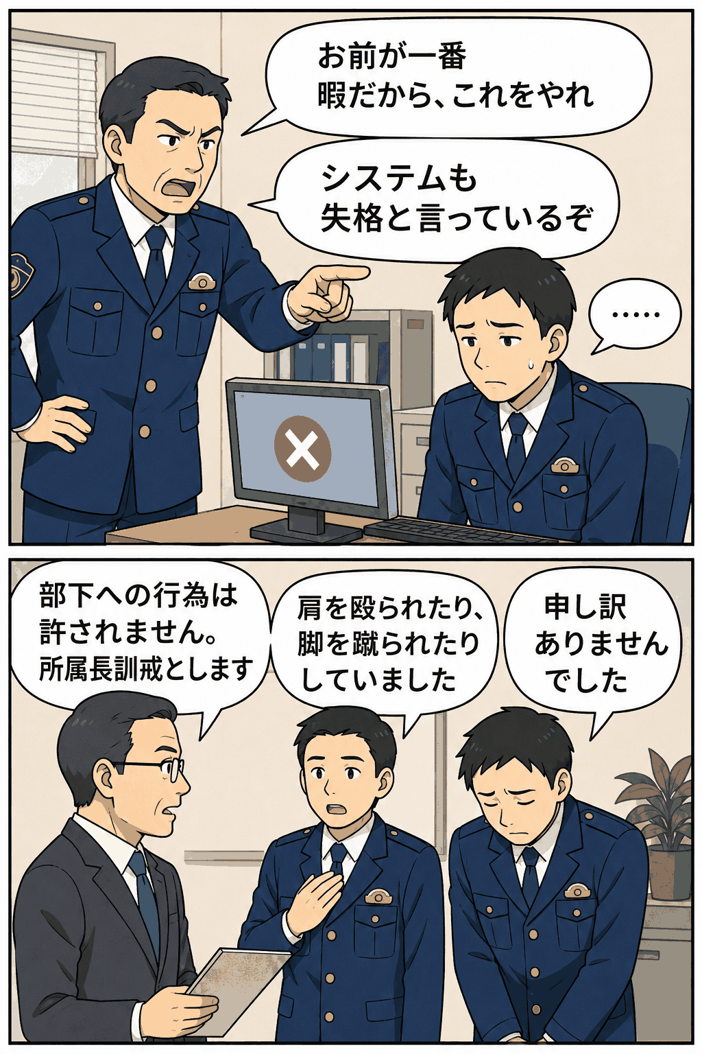 京都府警の警察官が部下に「一番暇だから」「システムも失格」と発言し、パワハラ処分を受けた問題を描いた漫画