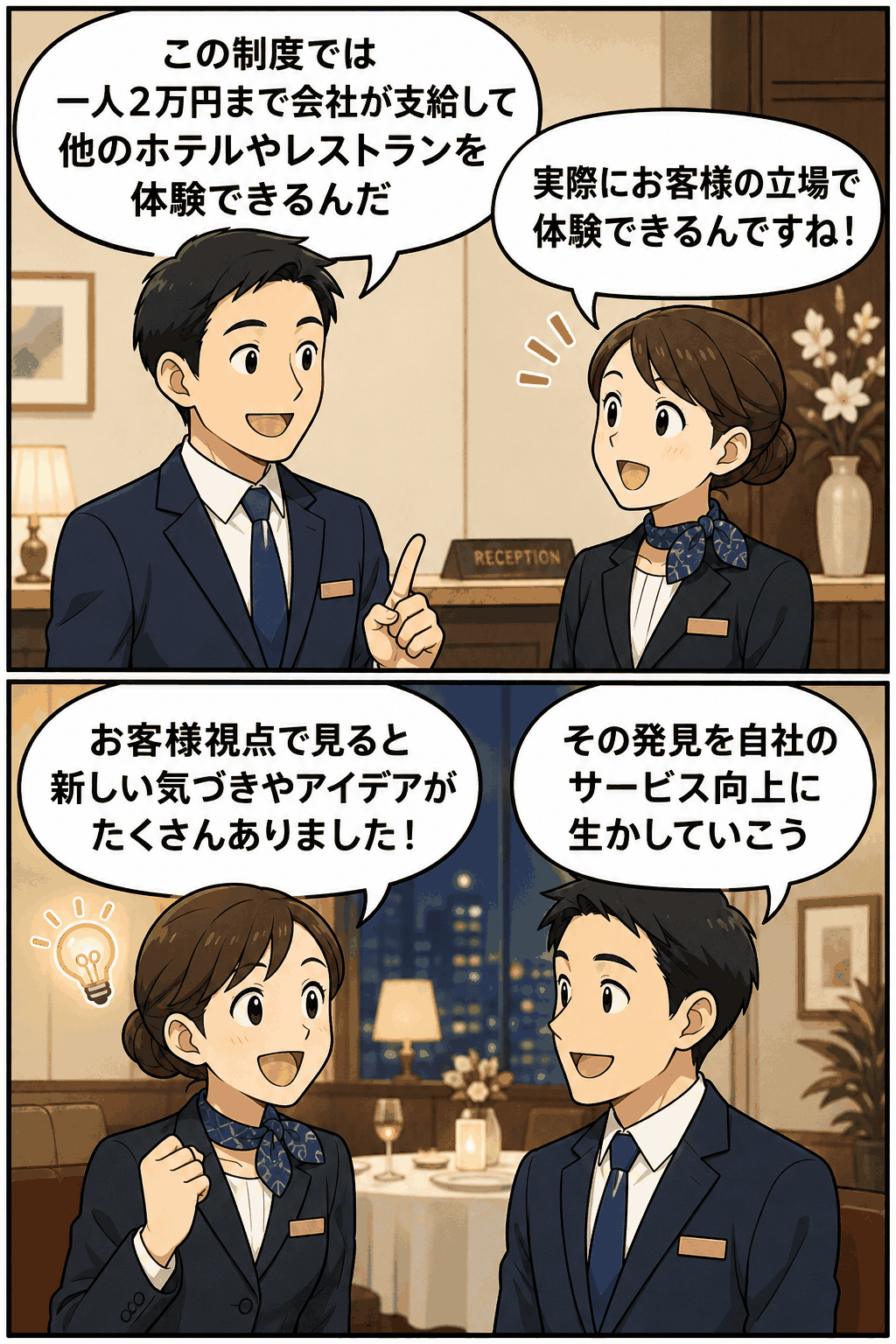ホテル社員がゲスト体験サポート制度について話し合い、他ホテルやレストランでの体験を通じてお客様視点とサービス改善のアイデアを学ぶ漫画