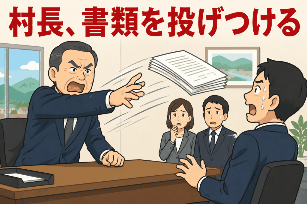 村長、書類を投げつける