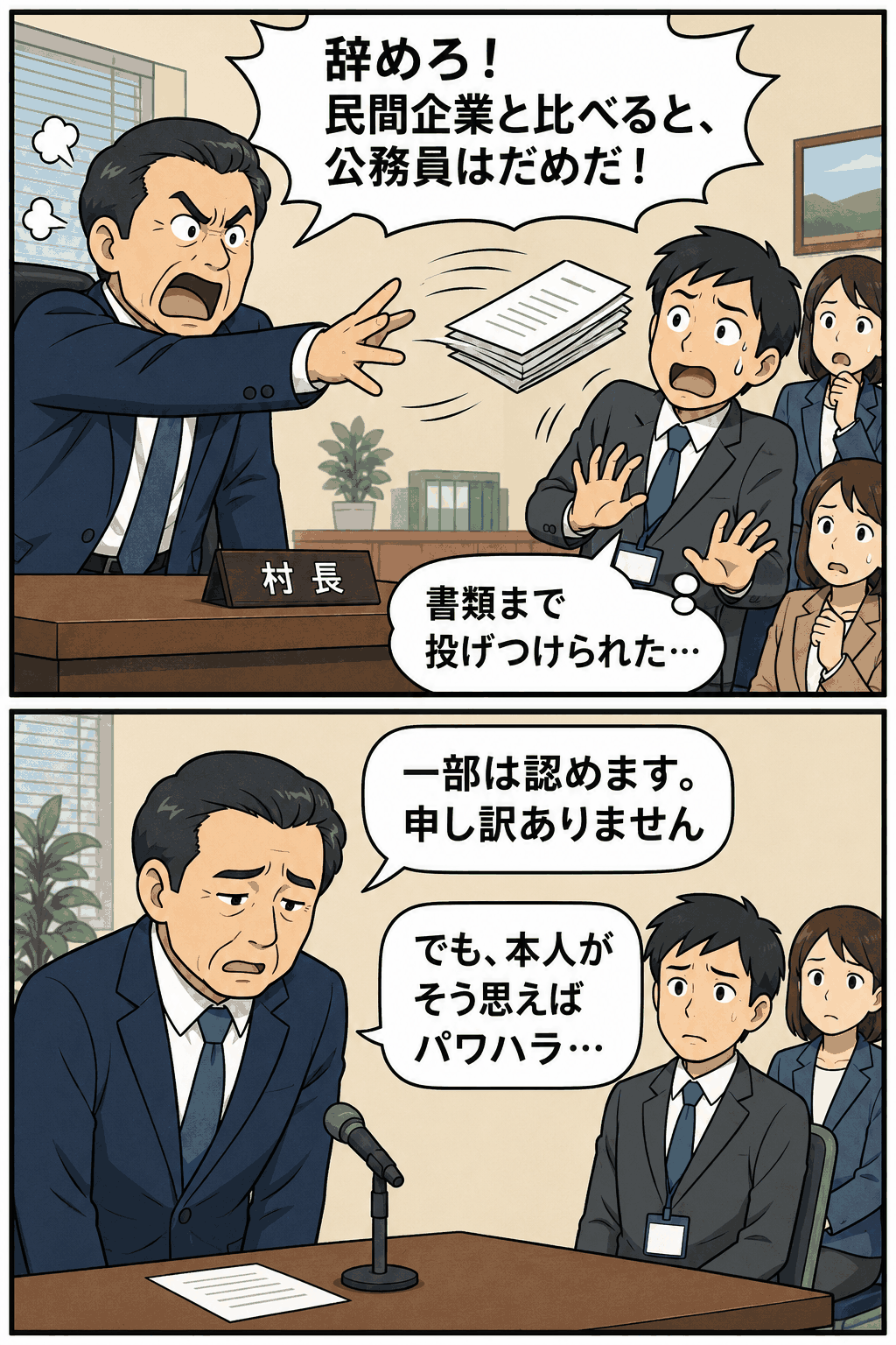 長野県の村長が職員に暴言を吐き書類を投げつけたパワハラ問題と謝罪会見を描いた漫画イラスト