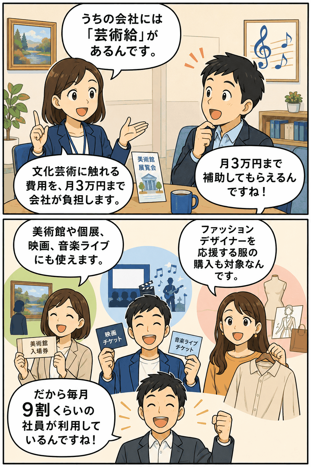 芸術給により文化芸術体験費を月3万円まで会社が補助し、美術館・映画・音楽ライブ・ファッション購入などに利用できる制度を説明する漫画