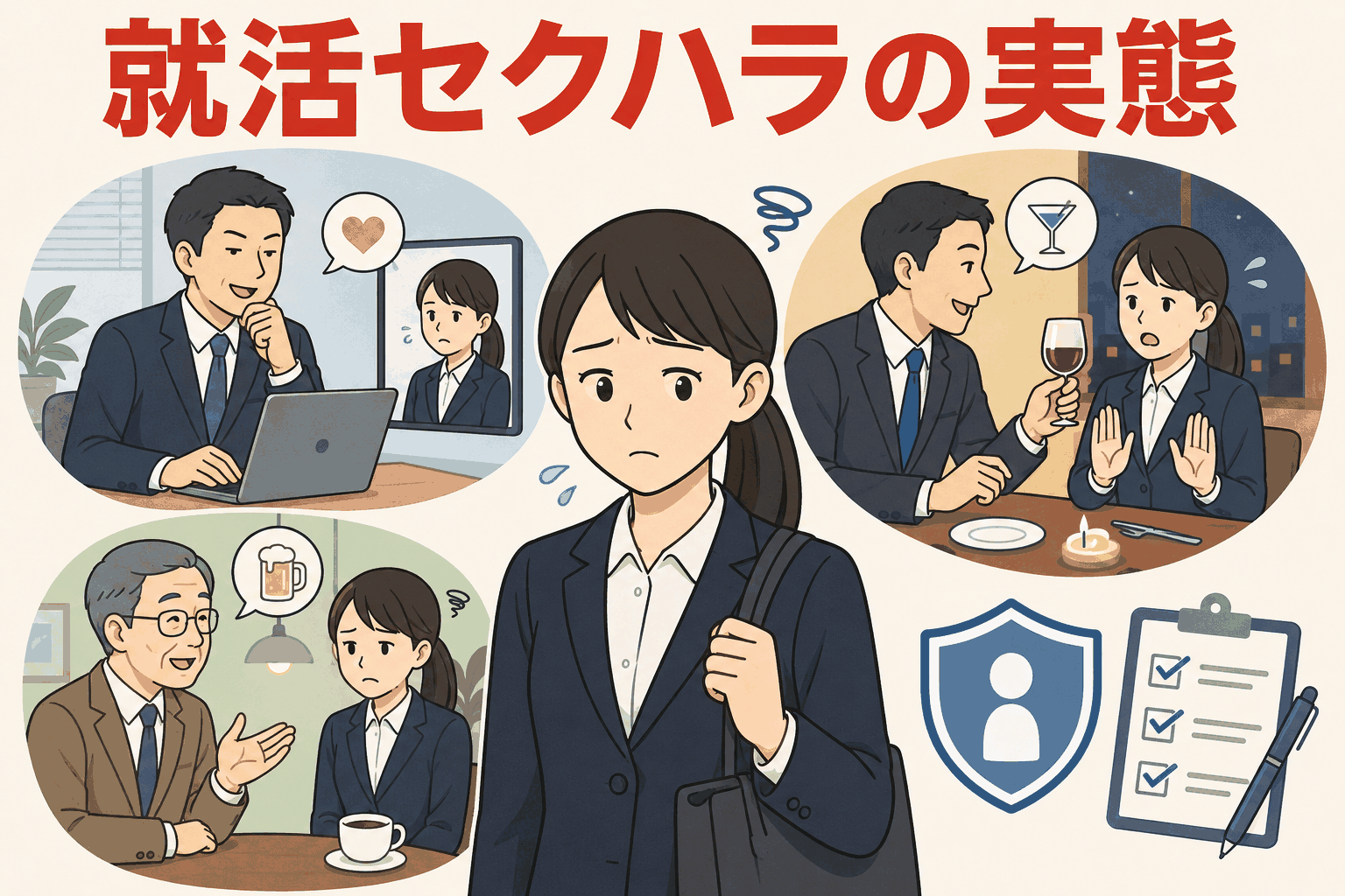 就活セクハラの実態を示すイラスト。面接時の不適切発言、内定後の懇親会での誘い、OB訪問時のセクハラなどに悩む女性就活生と相談・対策のイメージ。