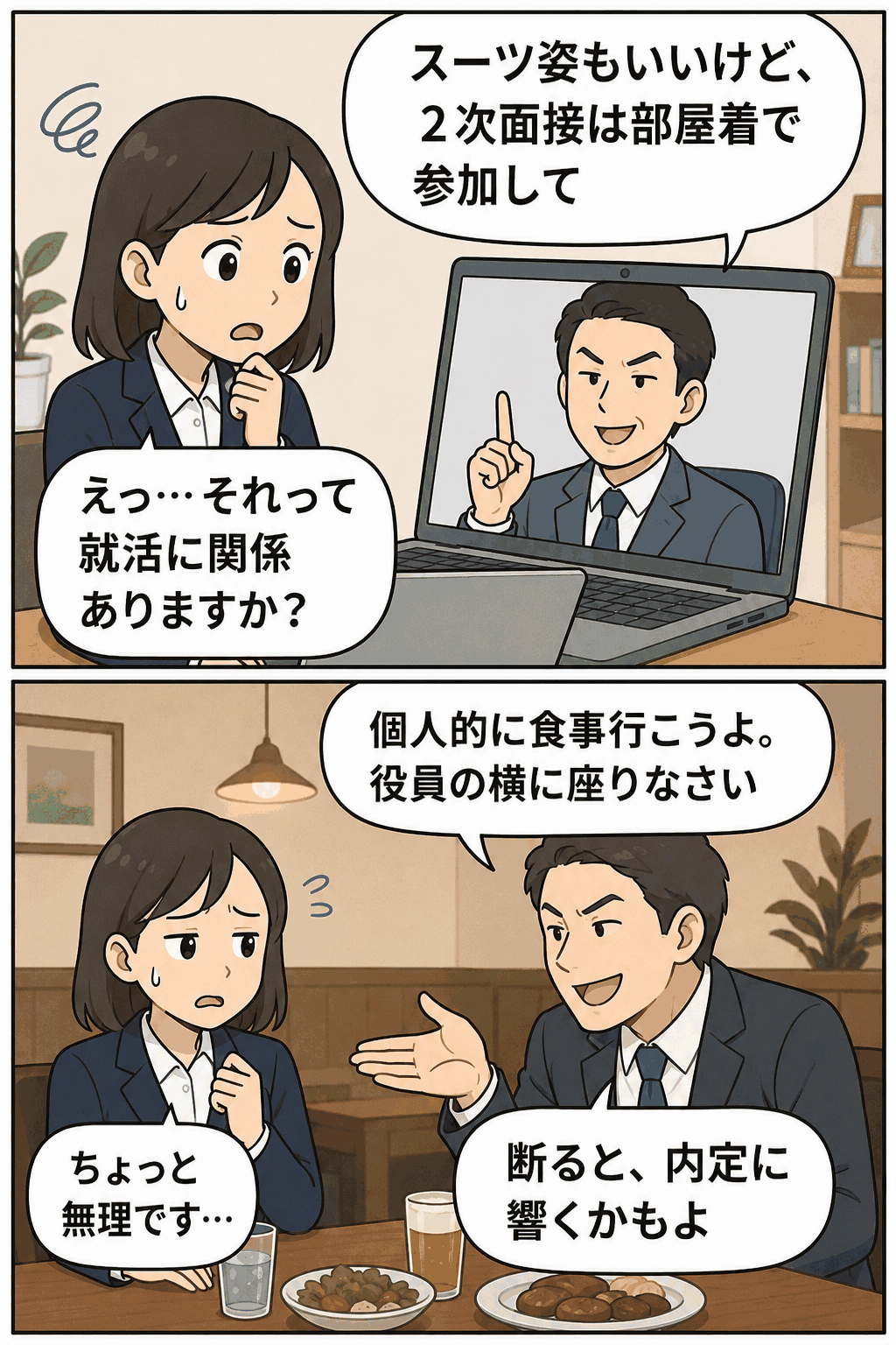 就活セクハラの具体例を描いた漫画。オンライン面接で部屋着参加を求められる女性就活生や、懇親会で個人的な食事に誘われ内定への影響を示唆され困惑する場面。