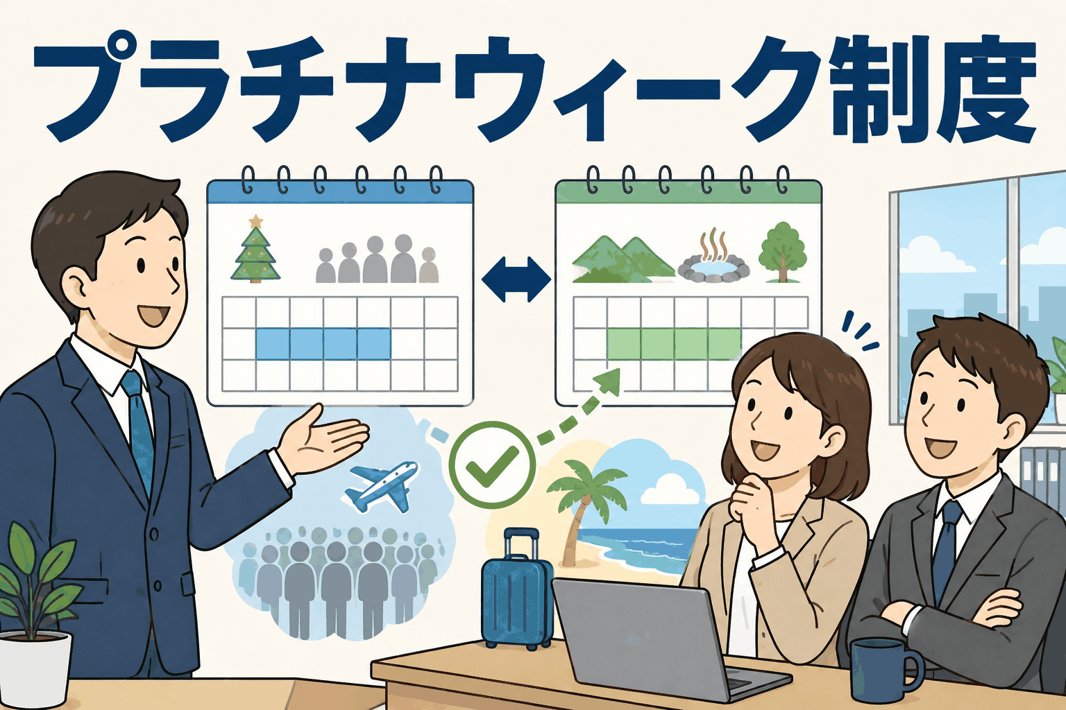 プラチナウィーク制度により、社員が通常の長期休暇と別日程の休暇を選択できる仕組みを説明するイラスト