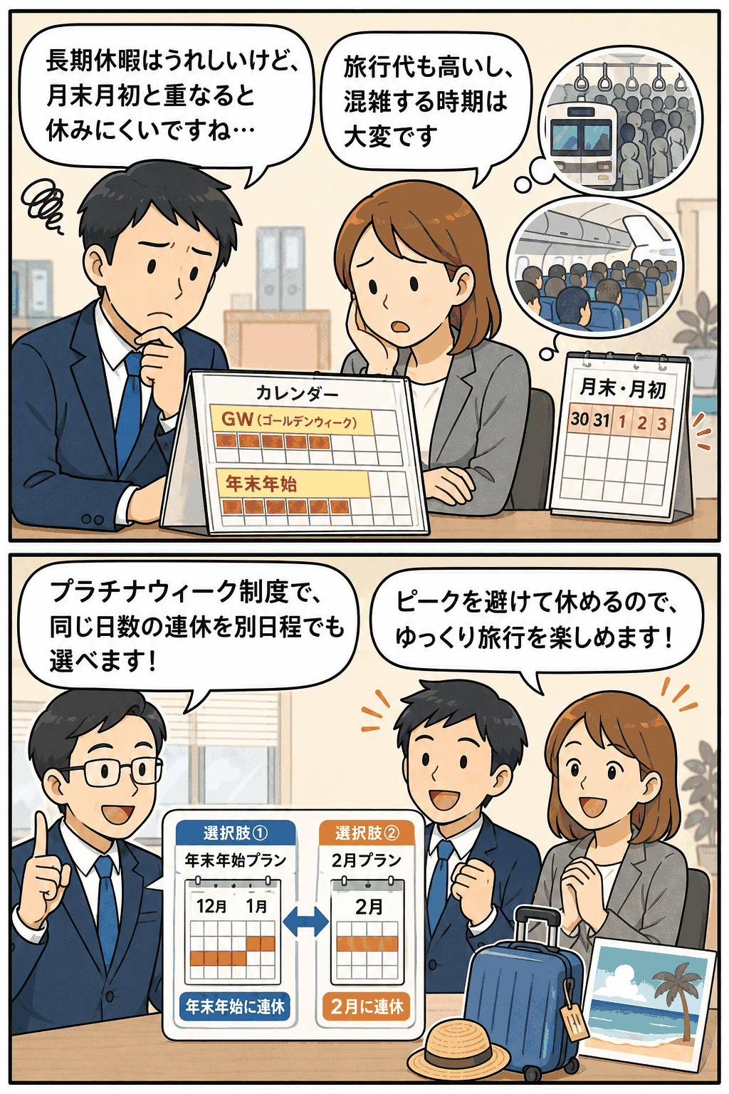 プラチナウィーク制度により、社員が年末年始や2月など複数の日程から同じ日数の長期休暇を選べる仕組みを説明する漫画イラスト