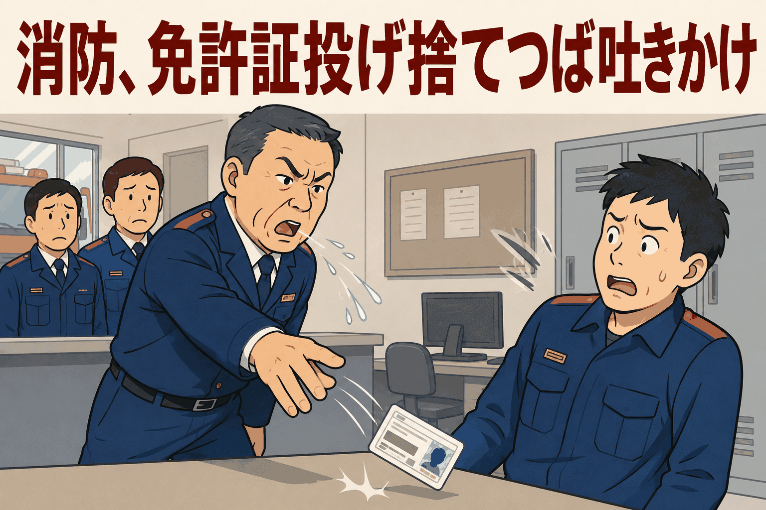 消防署で上司が部下の運転免許証を投げ捨て、つばを吐きかけるパワハラ処分を描いたイラスト