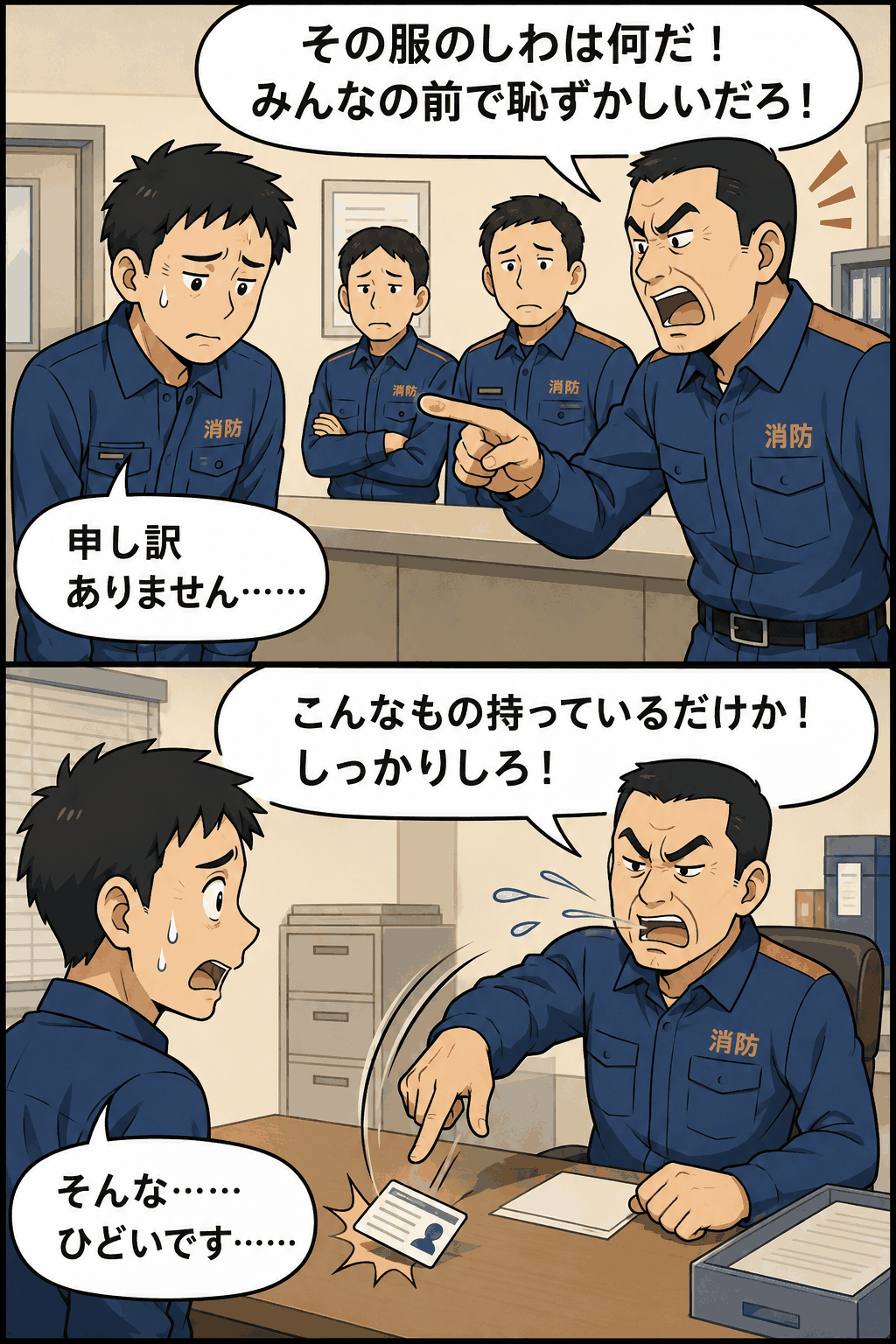 消防署で上司が部下の服装を叱責し、運転免許証を投げ捨ててつばを吐きかけるパワハラ事案の漫画