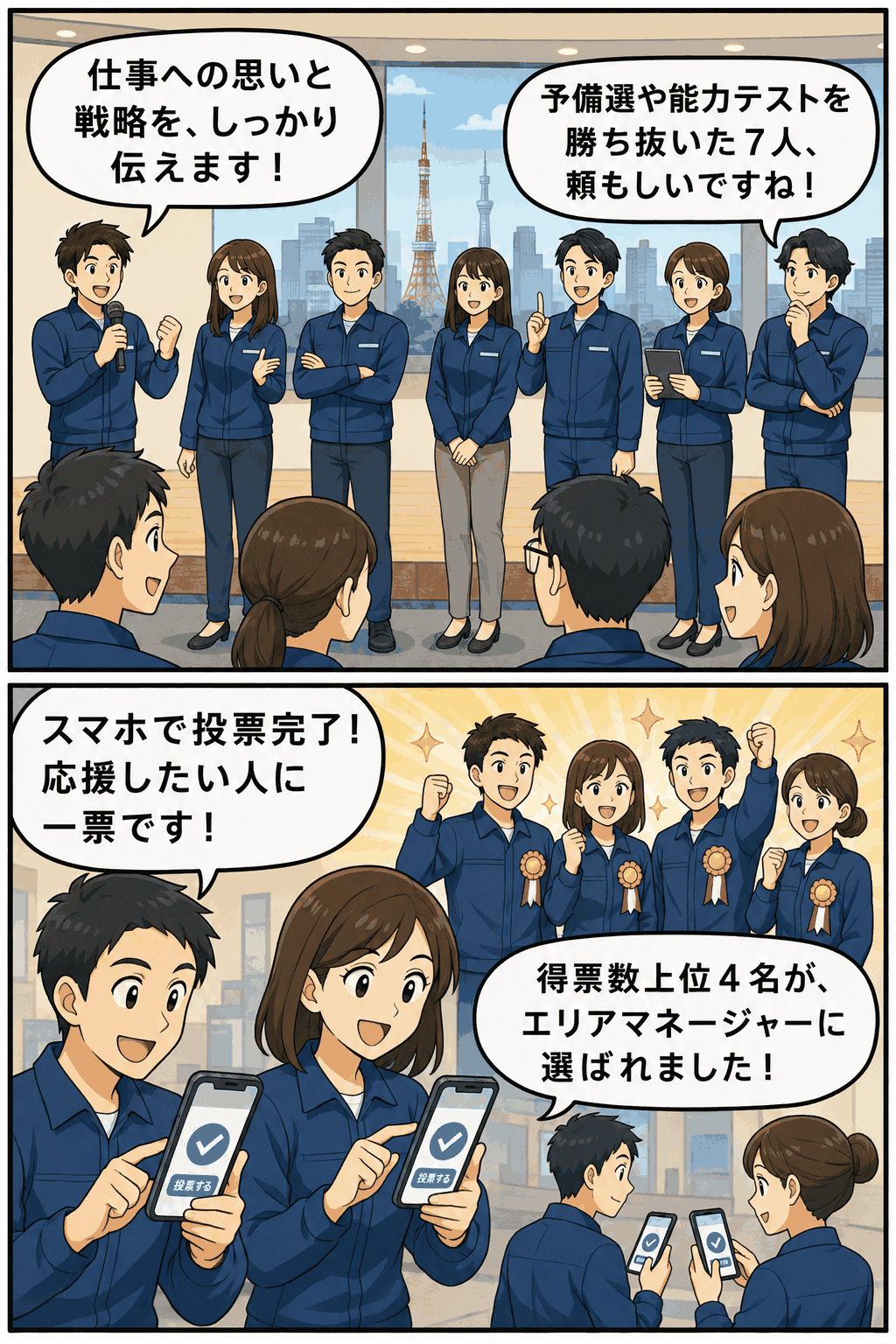 全国展開するストレッチ店の社内総選挙で、候補者7人が仕事への思いや戦略を発表し、全社員がスマートフォンで投票してエリアマネージャーを選出する漫画風イラスト