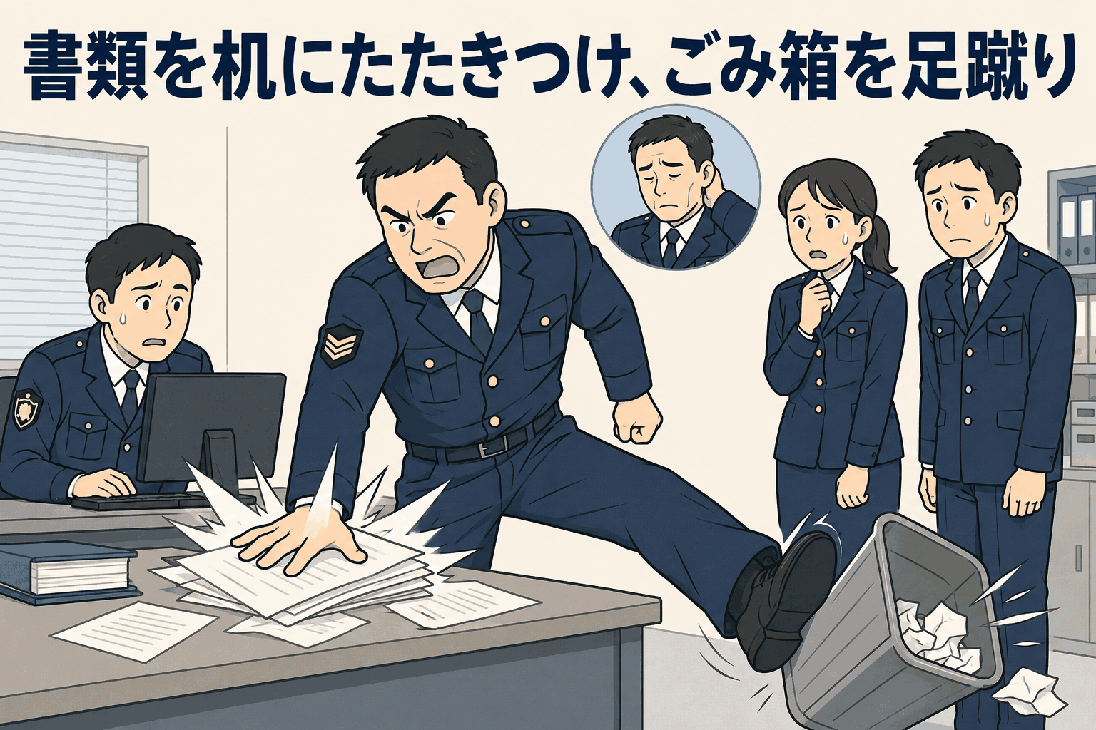 福岡県警の男性巡査部長が部下や同僚にパワハラを行い、書類を机にたたきつけごみ箱を足蹴りする様子を描いたイラスト