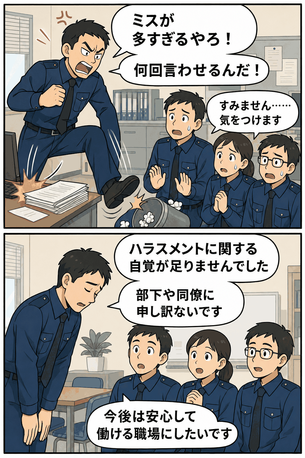 福岡県警の男性巡査部長が部下や同僚を叱責し、書類を机にたたきつけてごみ箱を蹴るパワハラ行為と、その後の謝罪を描いた漫画イラスト