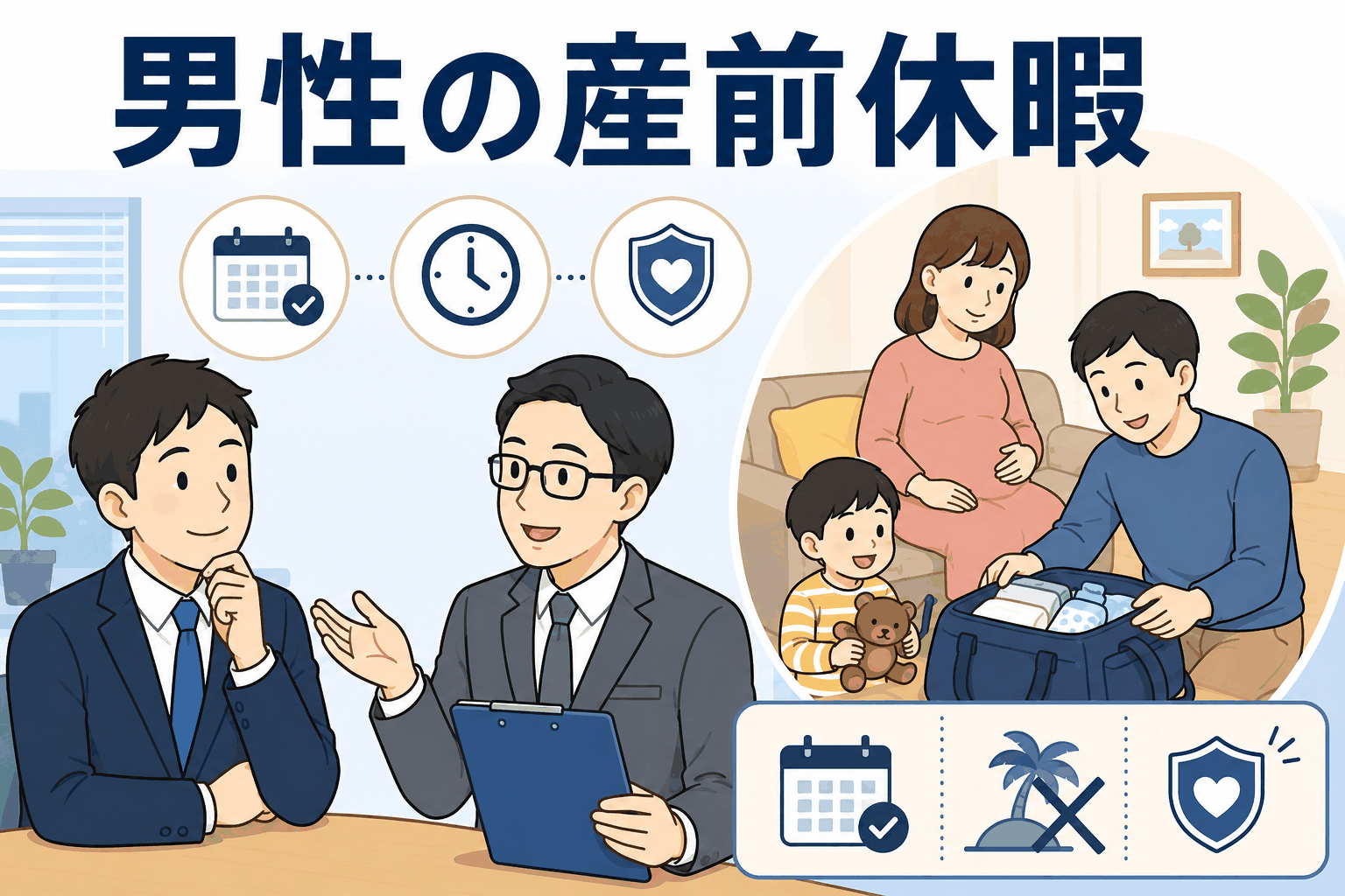 男性職員向けのパパ産前休暇制度を説明するイラスト。出産予定日前の休暇取得や家庭の出産準備を支援する様子