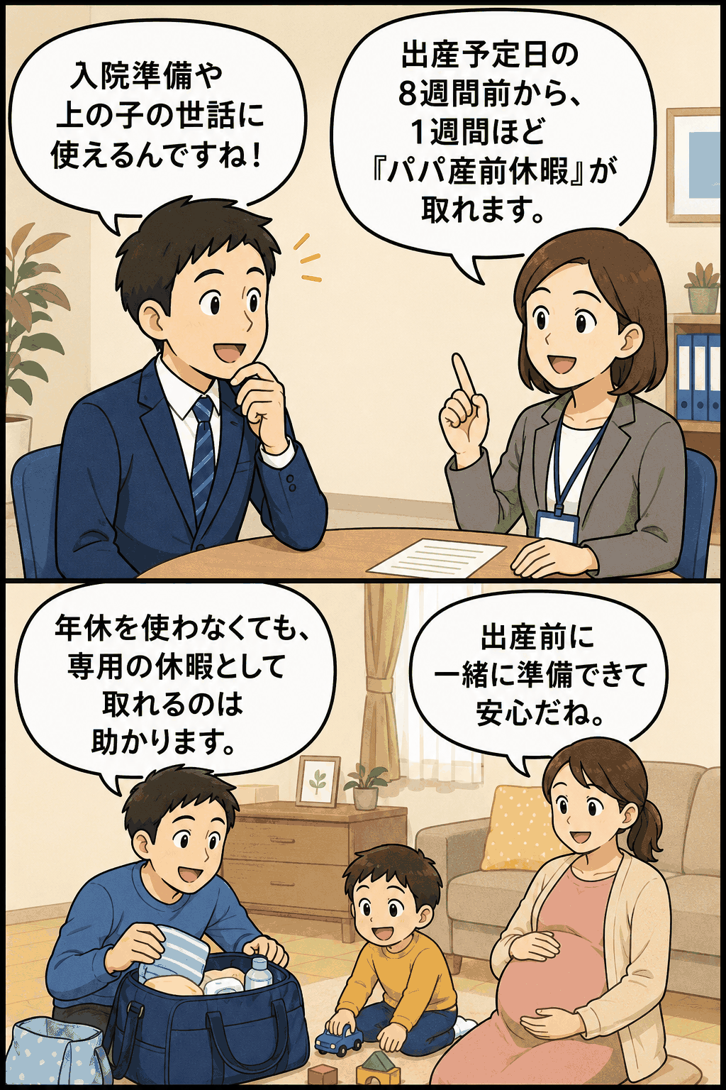 男性職員向けの「パパ産前休暇」制度を説明する漫画。出産予定日の8週間前から1週間程度取得でき、入院準備や上の子の世話に活用できる様子