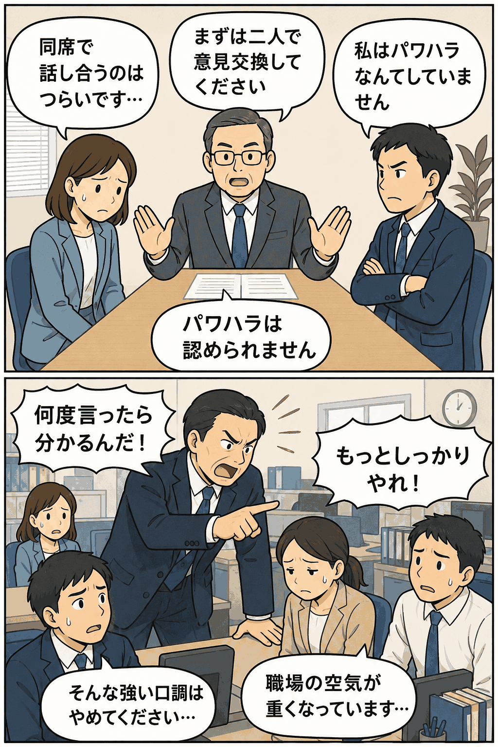 福島県職員のパワハラ問題で、加害者と被害者を同席させた不適切対応や強い叱責による職場環境悪化を描いた漫画風イラスト