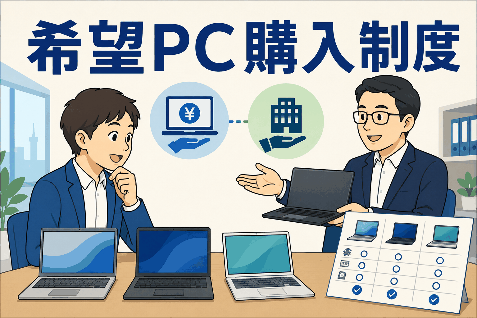 希望PC購入制度の説明を受ける社員と、会社負担で選べるノートパソコンや推奨スペック表を示したイラスト