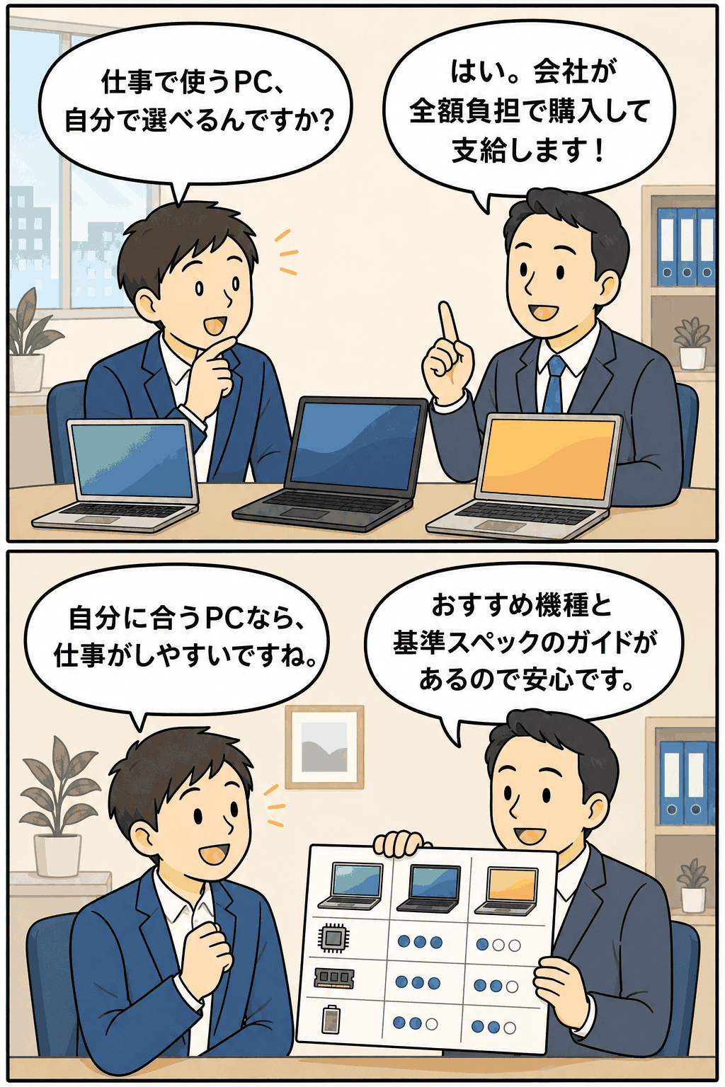 社員が仕事で使うパソコンを自分で選び、会社が全額負担で購入・支給する希望PC購入制度を説明する漫画イラスト