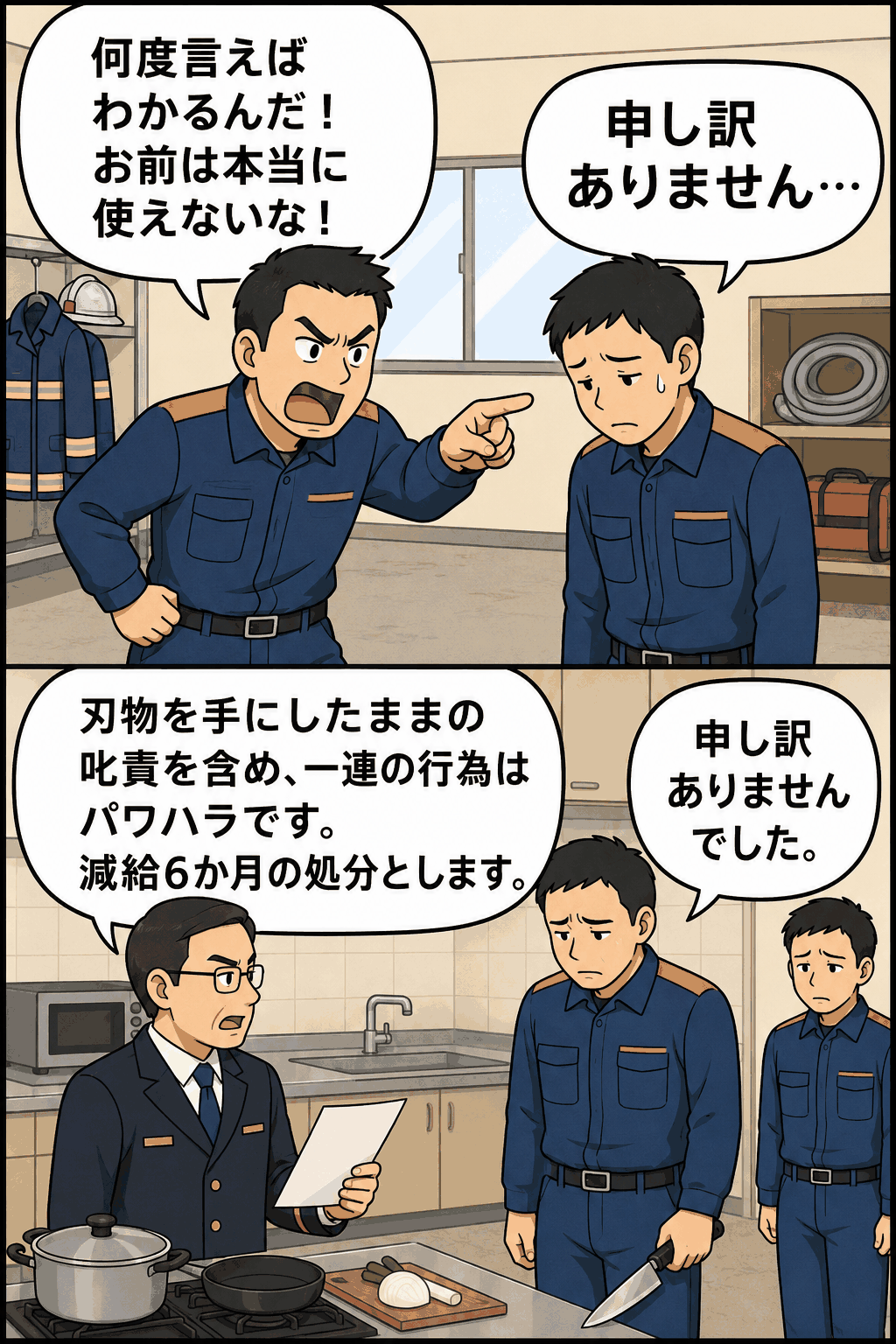 成田市消防本部の男性隊員が後輩職員に人格否定発言や刃物を手にした叱責を行い、パワハラで減給6か月の懲戒処分となった事案を描いた漫画画像