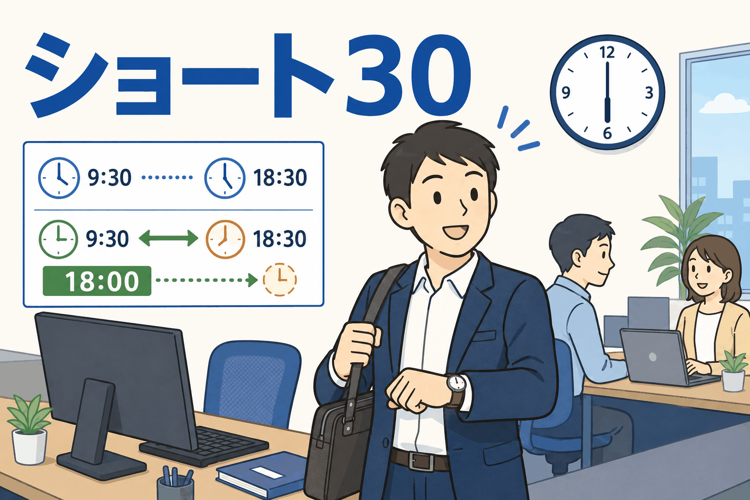 ショート30制度を導入した会社で、定時9時30分から18時30分の勤務でも業務終了後は18時退社でき、フレックスタイムにも対応する働き方を表したイラスト